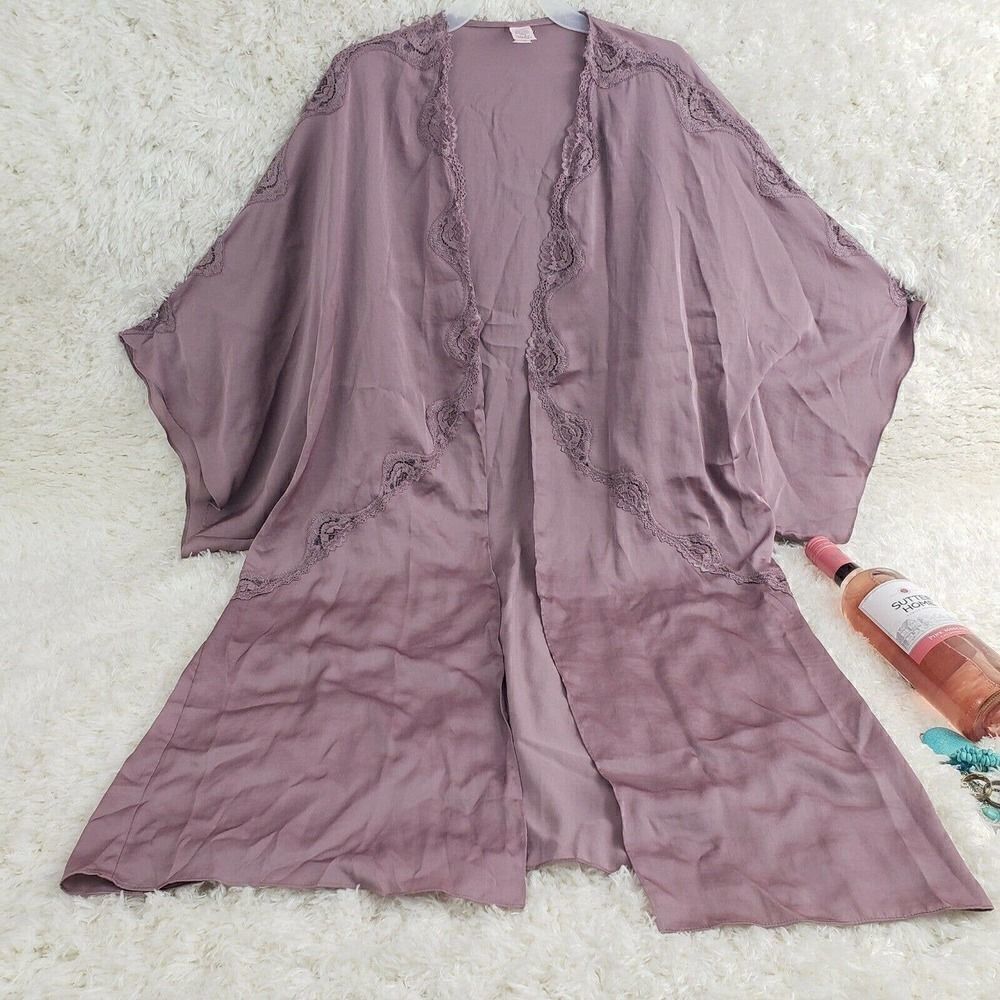NWT Victoria's Secret Grey Lace-Trim Satin Kimono Size XSmall
